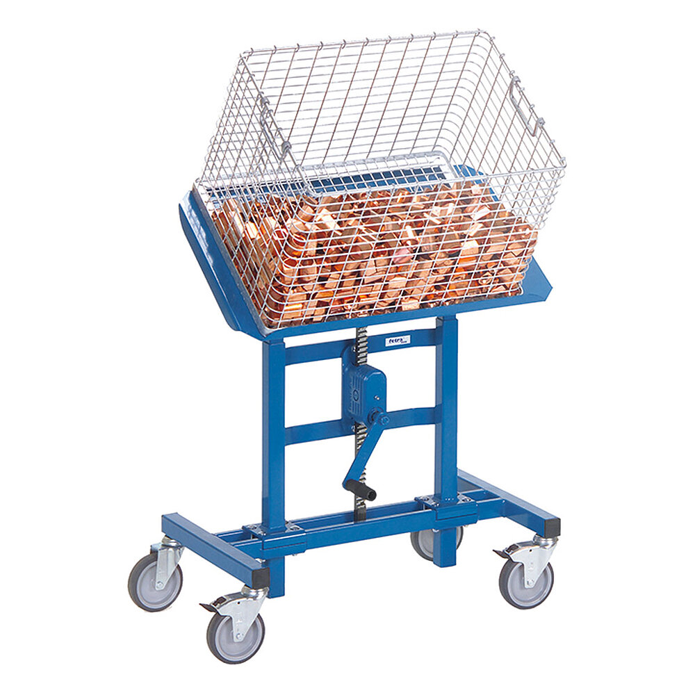 a blue, crank-action height-adjustable FETRA® mobile tilting stand on wheels with a filled steel mesh box on a slated platform, isolated on white background